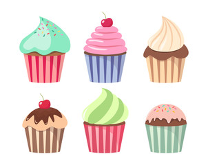 Cartoon cupcake set. Colorful cupcakes cartoons.
