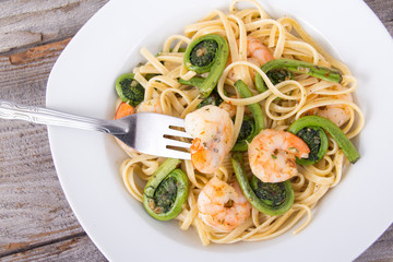 garlic linguini with shrimp and fern