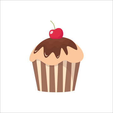 Cartoon chocolate cupcake with cherry on top. Cupcake with chocolate frosting.