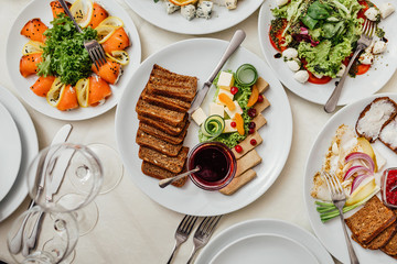 Beautifully decorated catering banquet table with different food