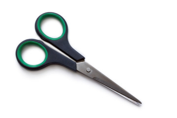 Scissors with black handles on a white background. Close image. View from above.