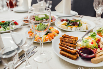 Beautifully decorated catering banquet table with different food