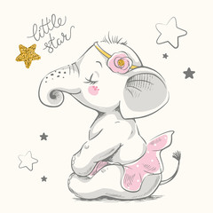 Obraz premium Ładny słoń baleriny kreskówka ręcznie rysowane ilustracji wektorowych. Może być stosowany do nadruków na koszulkach, projektowania mody dla dzieci, powitania z okazji urodzin baby shower i karty z zaproszeniem.