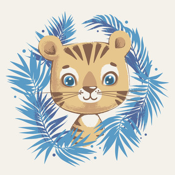 Cute tiger in the jungle cartoon hand drawn vector illustration. Can be used for t-shirt print, kids wear fashion design, baby shower celebration greeting and invitation card.