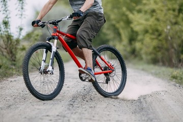 Obraz premium Skilled cyclist doing a trick at country road, cropped portrait. Bicycle sports, healthy lifestyle and activity