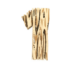 Alphabet number 1. Wood font made of brown and yellow rough pine. 3D render isolated on white background.