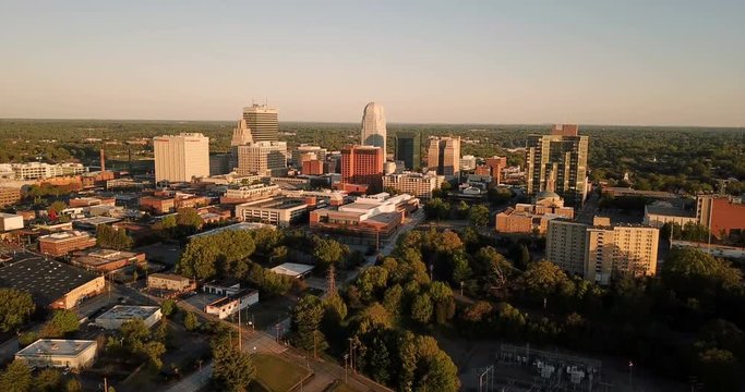 The Buildings Landscape and Downtown City Sklyine Winston Salem North Carolina Aerial View