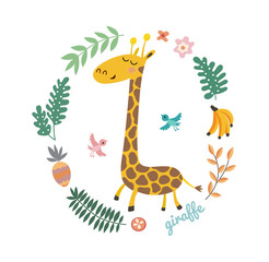 Vector illustration of cute giraffe and tropical leaves. Childish background with smiling cartoon character