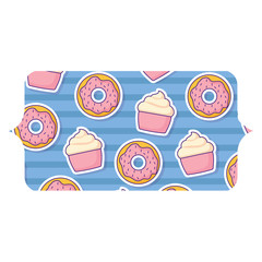 decorative banner with donuts and muffins pattern over white background, colorful design. vector illustration