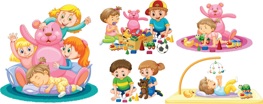 Kids Playing with Toys on White Background
