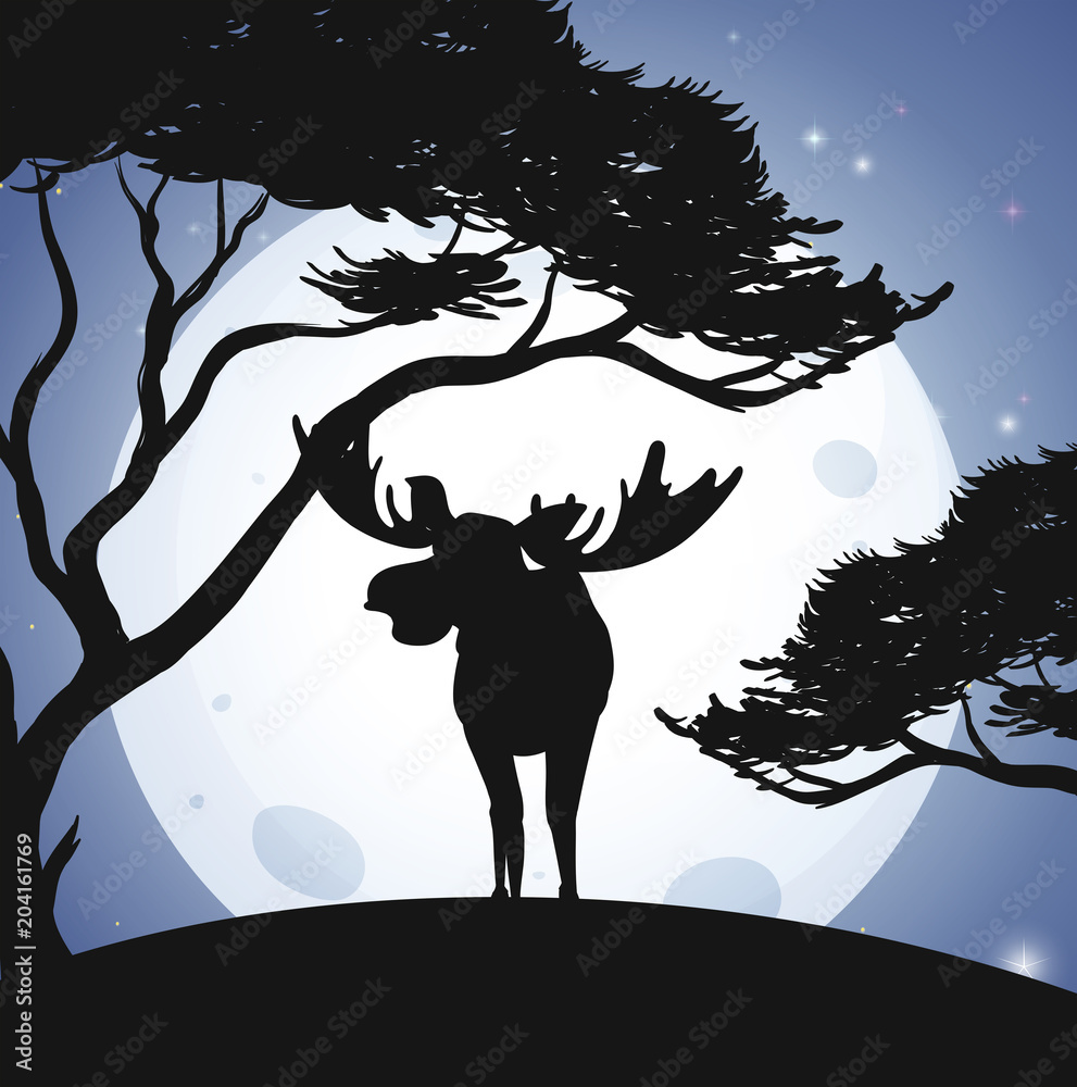 Wall mural silhouette deer and forest scene