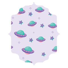 arabic frame with ufo and stars pattern over white background, vector illustration