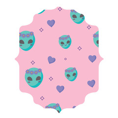 arabic frame with alien and hearts pattern over white background, vector illustration