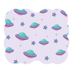 decorative frame with ufo and stars pattern over white background, vector illustration