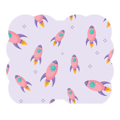 decorative frame with space rockets pattern over white background, vector illustration