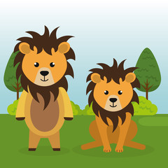 Obraz na płótnie Canvas cute lions couple in the field landscape characters vector illustration design