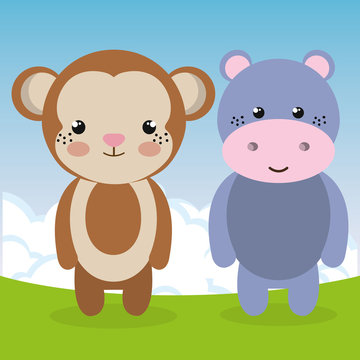cute monkey and hippo in the field landscape characters vector illustration