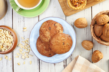Handmade chocolate cookies on wooden table