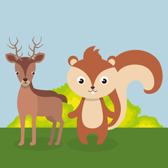 Obraz na płótnie Canvas cute reindeer and chipmunk in the field landscape character vector illustration