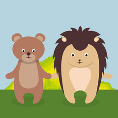 Obraz na płótnie Canvas cute bear and purcopine in the field landscape character vector illustration