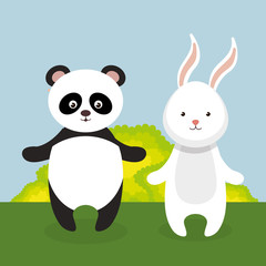 cute rabbit and panda in the field landscape character vector illustration design