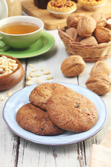 Handmade chocolate cookies on wooden table