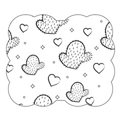 decorative frame with cactus and hearts pattern over white background, vector illustration