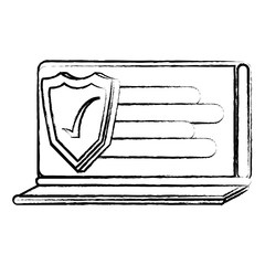 laptop computer with shield icon over white background, vector illustration