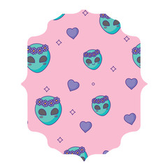 arabic frame with alien and hearts pattern over white background, vector illustration