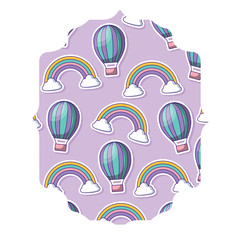 arabic frame of hot air balloon and rainbow pattern over white background, vector illustration