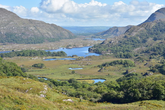 Valleys with streams and lakes in Reeks mountain range in Kerry.