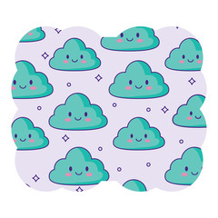 decorative frame with kawaii clouds pattern over white background, colorful design. vector illustration