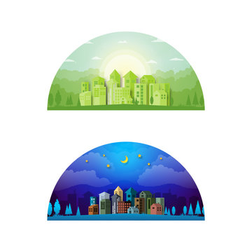 Day And Night Urban City Landscape Summer Concept Background Flat Design. Vector Illustration.