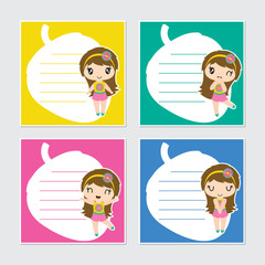 Cute colorful beach girl frame vector cartoon illustration for summer memo paper design, stationery and planner sticker