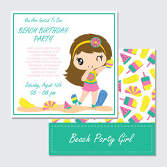 Cute girl plays on the beach vector cartoon illustration for birthday card design, postcard, and wallpaper