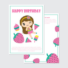Cute girl and summer fruits vector cartoon illustration for birthday card design, postcard, and wallpaper
