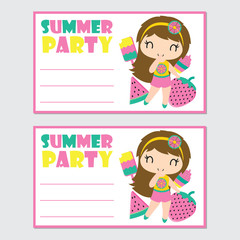 Cute girl and summer elements vector cartoon illustration for summer party card design, postcard, and wallpaper