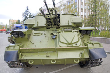 Russian military equipment close-up. In the city. Peaceful time. Anti-aircraft system