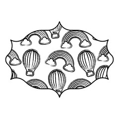 arabic frame of hot air balloon and rainbow pattern over white background, vector illustration