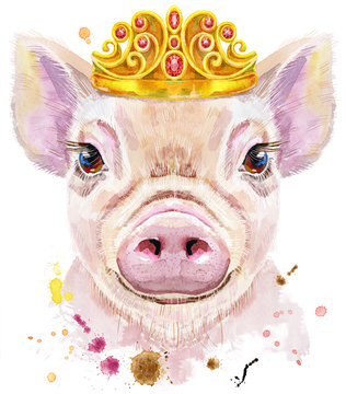 Watercolor portrait of mini pig with tiara