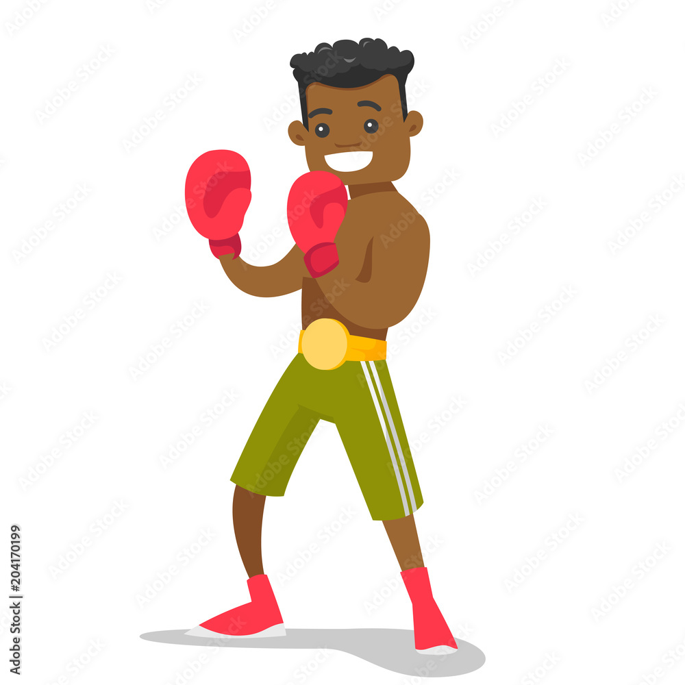 Canvas Prints Smiling black boxer in red boxing gloves training during fitness workout. Male boxer exercising in boxing gloves. Vector cartoon illustration isolated on white background. Square layout.