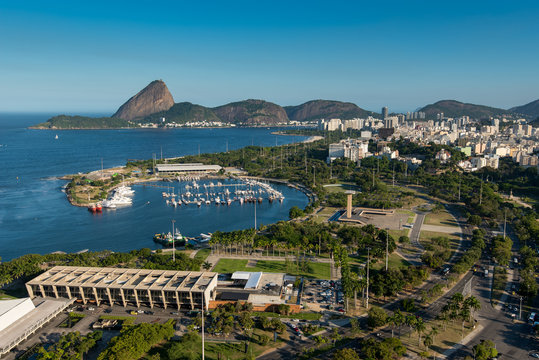 Aerial View of Museum of Modern Art, Marina da Gloria and the Sugarloaf Mountain in the Horizon, in Rio de Janeiro, Brazil