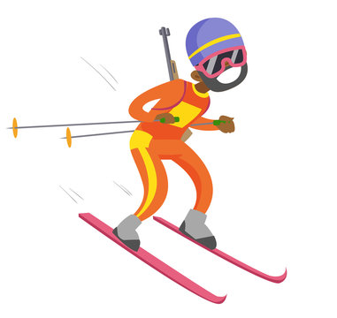 Young black sportsman taking part in ski biathlon competition. Cheerful biathlon runner running with a rifle gun behind his back. Vector cartoon illustration isolated on white background.