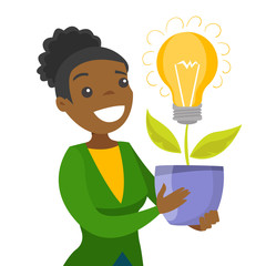 A black businesswoman with a plant in hands and a lightbulb instead of flower. Concept of business idea, startup and development. Vector cartoon illustration isolated on white background.