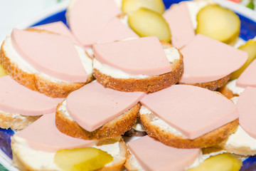 The sausage is chopped on a plate. Sausage cut. Slices of sausage on a plate.