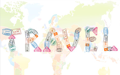 Word travel created with passport stamps on world map background, travel concept