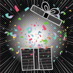Comic opened birthday gift box with bow ribbon and colorful confetti