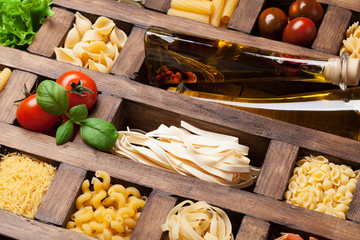 Various pasta in wooden box