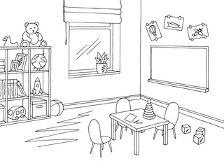 Preschool classroom graphic black white interior sketch illustration vector
