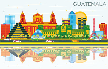 Naklejka premium Guatemala Skyline with Color Buildings, Blue Sky and Reflections.